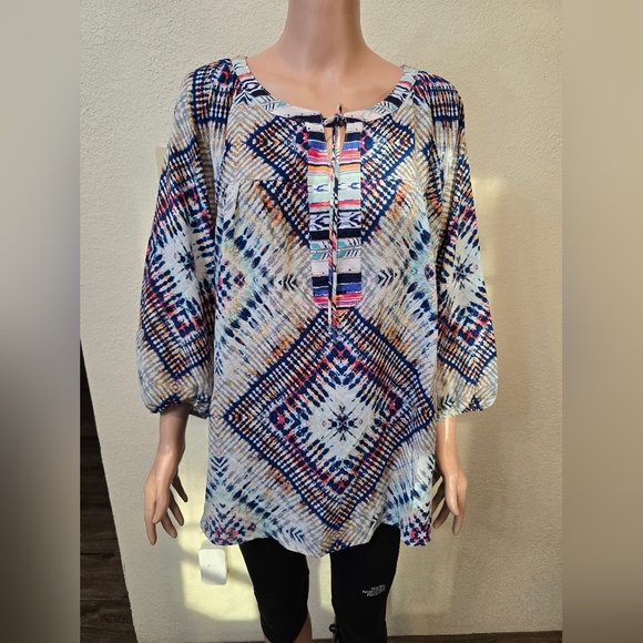 Figuerca and Flower Sheer Boho 3/4 Sleeve Top 1X Lace Accent - Picture 1 of 8